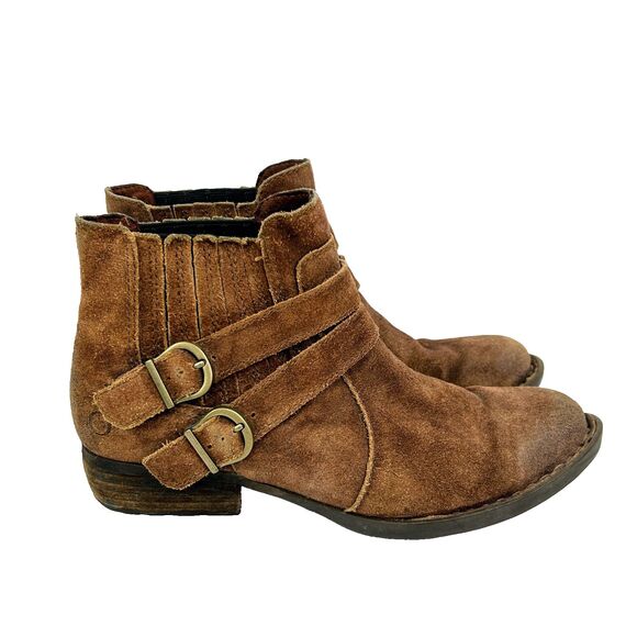 Born Moringa Ankle Booties Cognac Brown Suede Boots Buckle Western Boho Moto 7.5 - Picture 1 of 12